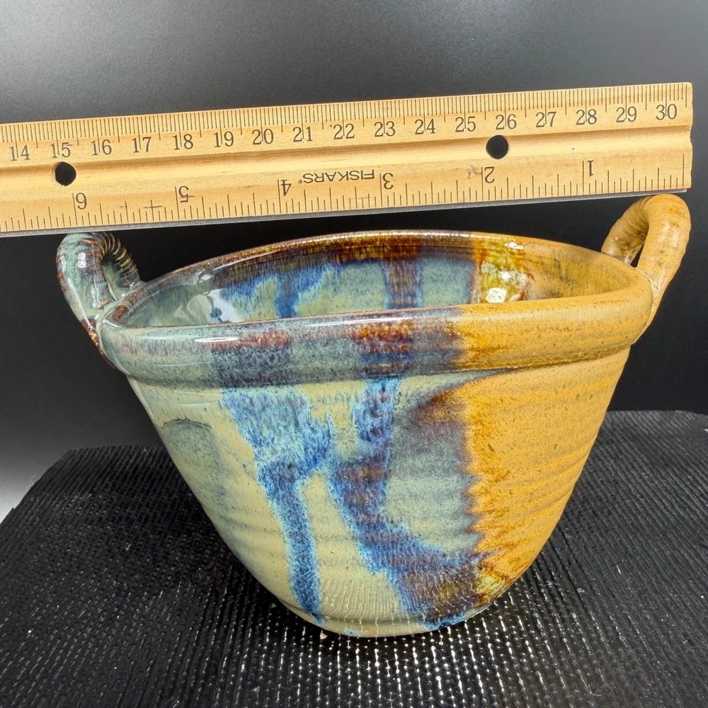 Barbara G Childs Studio Pottery Handled Bowl Dish‎ Ochre Drip Glaze Signed